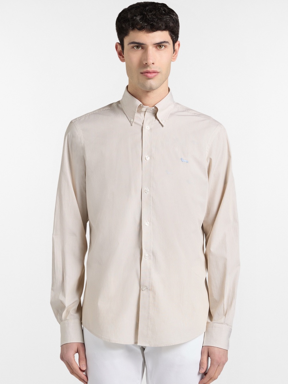 Sacoor Brothers. Medium (M) button Down Shirt Cotton Linen Blend Beige